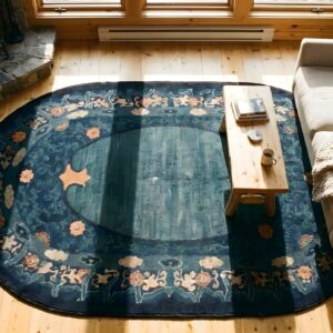 Antique 1920s Hand Knotted Pile Wool Oval Blue Chinese Art Deco Rug (SKU 23735) - styled overhead view