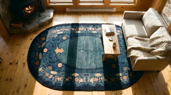 Antique 1920s hand knotted pile wool oval blue chinese art deco rug 2 Antique 1920s hand knotted pile wool oval blue chinese art deco rug (sku 23735) - styled overhead view