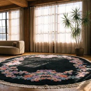Antique 1920s Oval Floral Hand-Knotted Wool Black Rug (SKU 22171) - room view