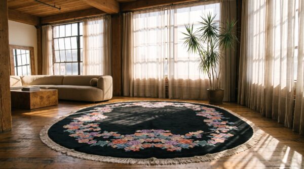 Antique 1920s oval floral hand-knotted wool black rug 7 Antique 1920s oval floral hand-knotted wool black rug (sku 22171) - room view
