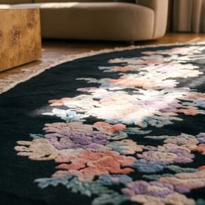Antique 1920s Oval Floral Hand-Knotted Wool Black Rug (SKU 22171) - in-room detail