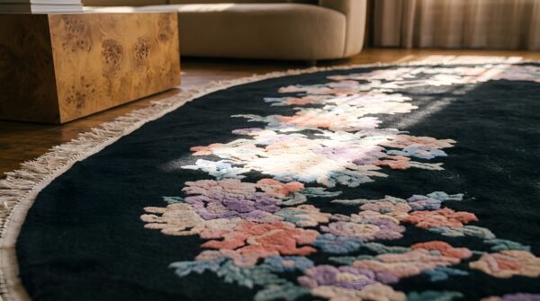 Antique 1920s oval floral hand-knotted wool black rug 8 Antique 1920s oval floral hand-knotted wool black rug (sku 22171) - in-room detail
