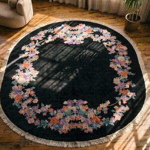 Antique 1920s Oval Floral Hand-Knotted Wool Black Rug (SKU 22171) - styled overhead view