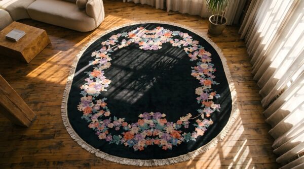 Antique 1920s oval floral hand-knotted wool black rug 2 Antique 1920s oval floral hand-knotted wool black rug (sku 22171) - styled overhead view