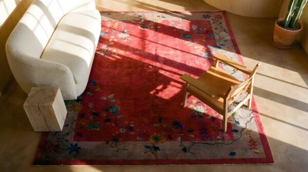 1920s knotted purple wool antique chinese - art deco room size rectangle rug 2 1920s knotted purple wool antique chinese - art deco room size rectangle rug (sku 25836) - styled overhead view