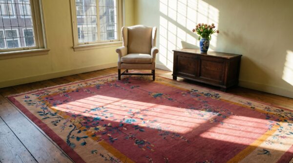 Wool 1920s purple hand knotted pile antique rectangle rug 10 Wool 1920s purple hand knotted pile antique rectangle rug (sku 24306) - room view