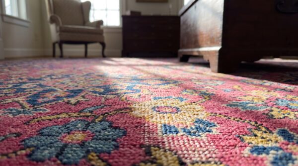 Wool 1920s purple hand knotted pile antique rectangle rug 11 Wool 1920s purple hand knotted pile antique rectangle rug (sku 24306) - in-room detail