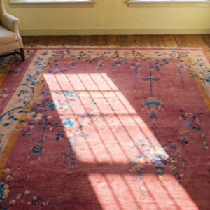 Wool 1920s Purple Hand Knotted Pile Antique Rectangle Rug (SKU 24306) - styled overhead view