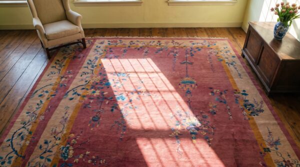 Wool 1920s purple hand knotted pile antique rectangle rug 2 Wool 1920s purple hand knotted pile antique rectangle rug (sku 24306) - styled overhead view