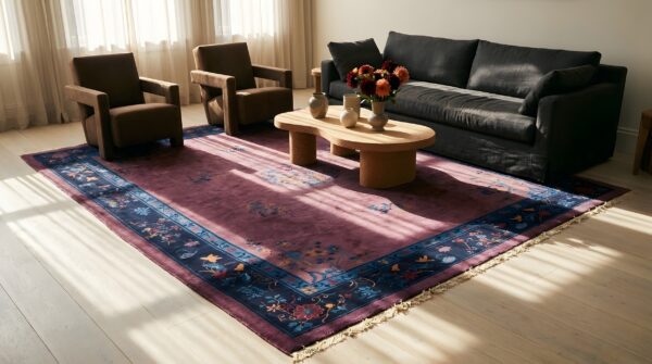Antique hand knotted pile wool 1920s purple rectangle rug 6 Antique hand knotted pile wool 1920s purple rectangle rug (sku 25210) - room view