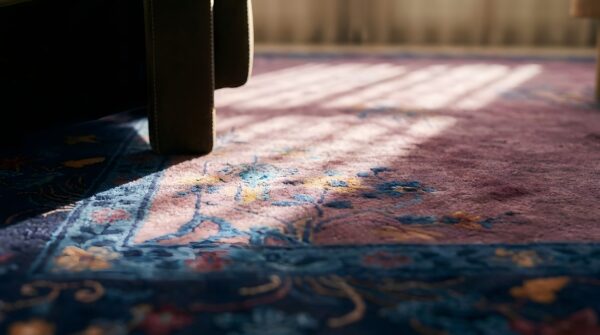 Antique hand knotted pile wool 1920s purple rectangle rug 7 Antique hand knotted pile wool 1920s purple rectangle rug (sku 25210) - in-room detail
