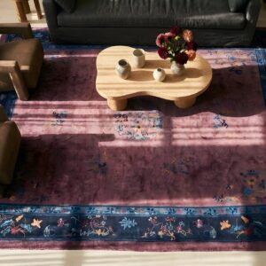 Antique Hand Knotted Pile Wool 1920s Purple Rectangle Rug (SKU 25210) - styled overhead view