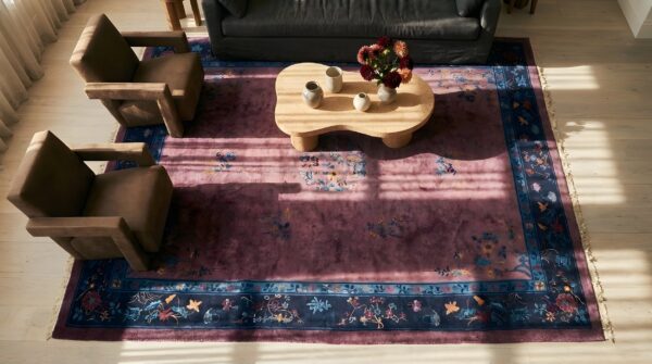 Antique hand knotted pile wool 1920s purple rectangle rug 2 Antique hand knotted pile wool 1920s purple rectangle rug (sku 25210) - styled overhead view