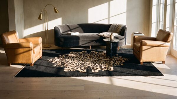 1920s hand knotted pile antique rectangle wool black floral medallion rug (sku 25492) - room view