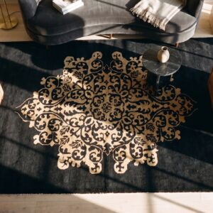 1920s Hand Knotted Pile Antique Rectangle Wool Black Floral Medallion Rug (SKU 25492) - styled overhead view