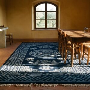 Hand Knotted Pile Antique 1920s Wool Rectangle Blue Geometric Medallion Rug (SKU 23230) - room view