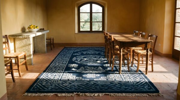 Hand knotted pile antique 1920s wool rectangle blue geometric medallion rug 9 Hand knotted pile antique 1920s wool rectangle blue geometric medallion rug (sku 23230) - room view