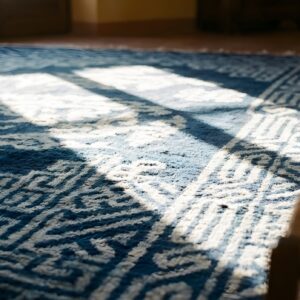 Hand Knotted Pile Antique 1920s Wool Rectangle Blue Geometric Medallion Rug (SKU 23230) - in-room detail