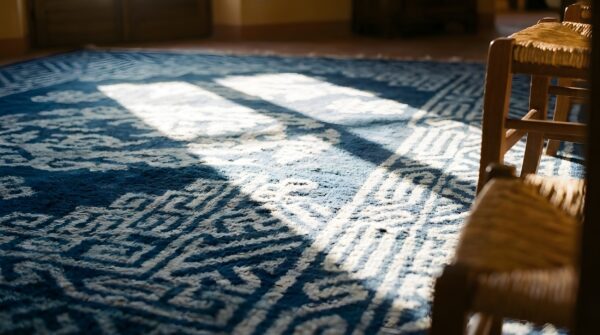 Hand knotted pile antique 1920s wool rectangle blue geometric medallion rug 10 Hand knotted pile antique 1920s wool rectangle blue geometric medallion rug (sku 23230) - in-room detail