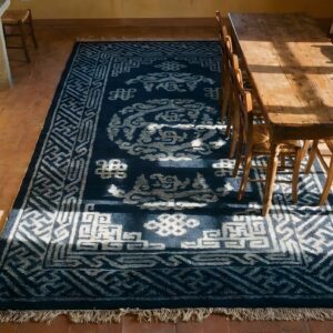 Hand Knotted Pile Antique 1920s Wool Rectangle Blue Geometric Medallion Rug (SKU 23230) - styled overhead view