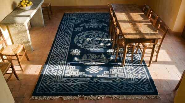 Hand knotted pile antique 1920s wool rectangle blue geometric medallion rug 2 Hand knotted pile antique 1920s wool rectangle blue geometric medallion rug (sku 23230) - styled overhead view