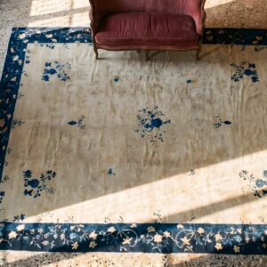 1920s Rectangle Hand Knotted Pile Wool Antique Blue Large Rug (SKU 25116) - styled overhead view