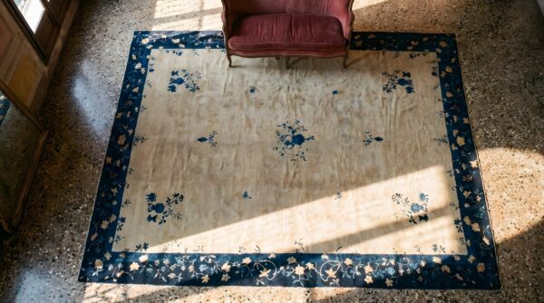 1920s rectangle hand knotted pile wool antique blue large rug 2 1920s rectangle hand knotted pile wool antique blue large rug (sku 25116) - styled overhead view