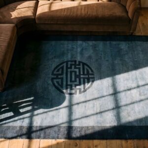 1920s Rectangle Blue Small Scatter Size Antique Knotted Wool Chinese - Peking Rug (SKU 25333) - styled overhead view