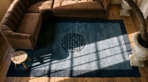 1920s rectangle blue small scatter size antique knotted wool chinese - peking rug 2 1920s rectangle blue small scatter size antique knotted wool chinese - peking rug (sku 25333) - styled overhead view