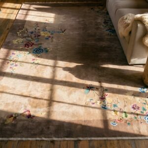 1920s Rectangle Knotted Chinese - Art Deco Wool Ivory Room Size Antique Rug (SKU 25669) - styled overhead view