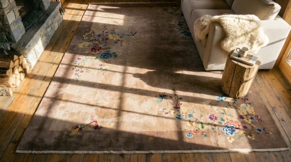 1920s rectangle knotted chinese - art deco wool ivory room size antique rug (sku 25669) - styled overhead view