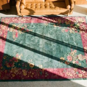 1920s Knotted Antique Rectangle Chinese - Art Deco Wool Room Size Rug (SKU 23501) - styled overhead view