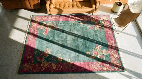 1920s knotted antique rectangle chinese - art deco wool room size rug 2 1920s knotted antique rectangle chinese - art deco wool room size rug (sku 23501) - styled overhead view