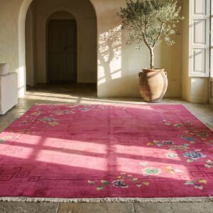 Knotted 1920s Wool Rectangle Chinese Room Size Antique Coral Art Deco Rug (SKU 22337) - room view