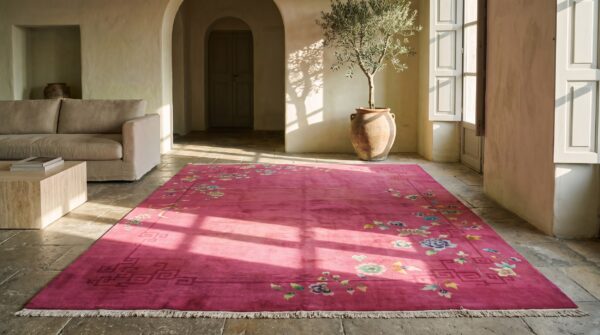Knotted 1920s wool rectangle chinese room size antique coral art deco rug 5 Knotted 1920s wool rectangle chinese room size antique coral art deco rug (sku 22337) - room view