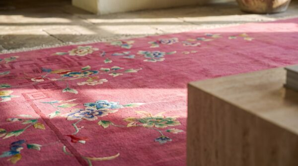 Knotted 1920s wool rectangle chinese room size antique coral art deco rug 6 Knotted 1920s wool rectangle chinese room size antique coral art deco rug (sku 22337) - in-room detail