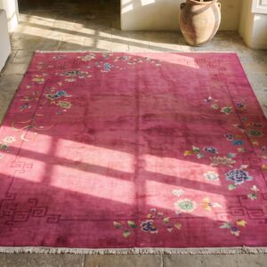 Knotted 1920s Wool Rectangle Chinese Room Size Antique Coral Art Deco Rug (SKU 22337) - styled overhead view