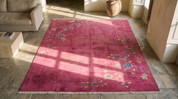 Knotted 1920s wool rectangle chinese room size antique coral art deco rug 2 Knotted 1920s wool rectangle chinese room size antique coral art deco rug (sku 22337) - styled overhead view