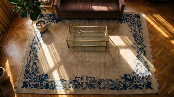 Wool 1920s rectangle chinese room size knotted ivory - peking antique rug (sku 25331) - styled overhead view