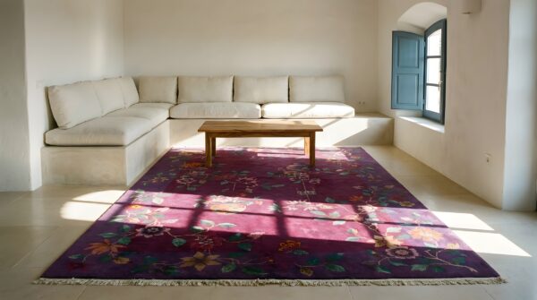 Hand knotted pile 1920s antique rectangle wool coral rug 7 Hand knotted pile 1920s antique rectangle wool coral rug (sku 23911) - room view