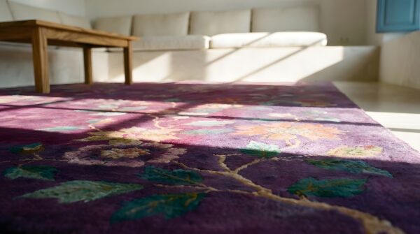 Hand knotted pile 1920s antique rectangle wool coral rug 8 Hand knotted pile 1920s antique rectangle wool coral rug (sku 23911) - in-room detail