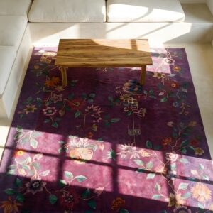 Hand Knotted Pile 1920s Antique Rectangle Wool Coral Rug (SKU 23911) - styled overhead view
