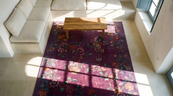 Hand knotted pile 1920s antique rectangle wool coral rug 2 Hand knotted pile 1920s antique rectangle wool coral rug (sku 23911) - styled overhead view