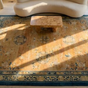 1920s Antique Wool Rectangle Coral Large Allover Floral Hand Knotted Pile Rug (SKU 25434) - styled overhead view