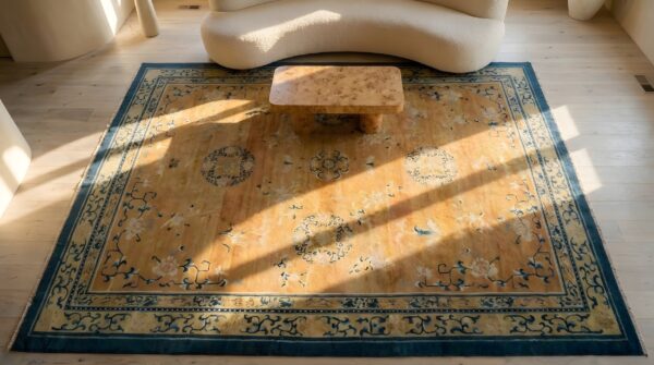 1920s antique wool rectangle coral large allover floral hand knotted pile rug 2 1920s antique wool rectangle coral large allover floral hand knotted pile rug (sku 25434) - styled overhead view