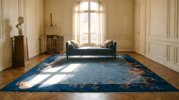 1920s rectangle hand knotted pile wool floral antique blue rug 7 1920s rectangle hand knotted pile wool floral antique blue rug (sku 25386) - room view