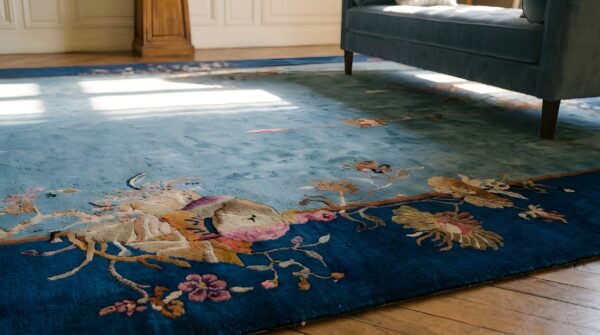 1920s rectangle hand knotted pile wool floral antique blue rug 8 1920s rectangle hand knotted pile wool floral antique blue rug (sku 25386) - in-room detail