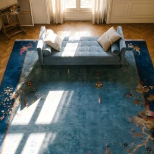 1920s Rectangle Hand Knotted Pile Wool Floral Antique Blue Rug (SKU 25386) - styled overhead view