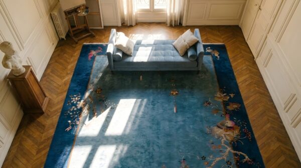 1920s rectangle hand knotted pile wool floral antique blue rug 2 1920s rectangle hand knotted pile wool floral antique blue rug (sku 25386) - styled overhead view