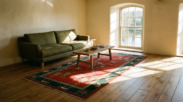Hand knotted pile 1920s rectangle antique floral wool yellow rug 10 Hand knotted pile 1920s rectangle antique floral wool yellow rug (sku 25427) - room view